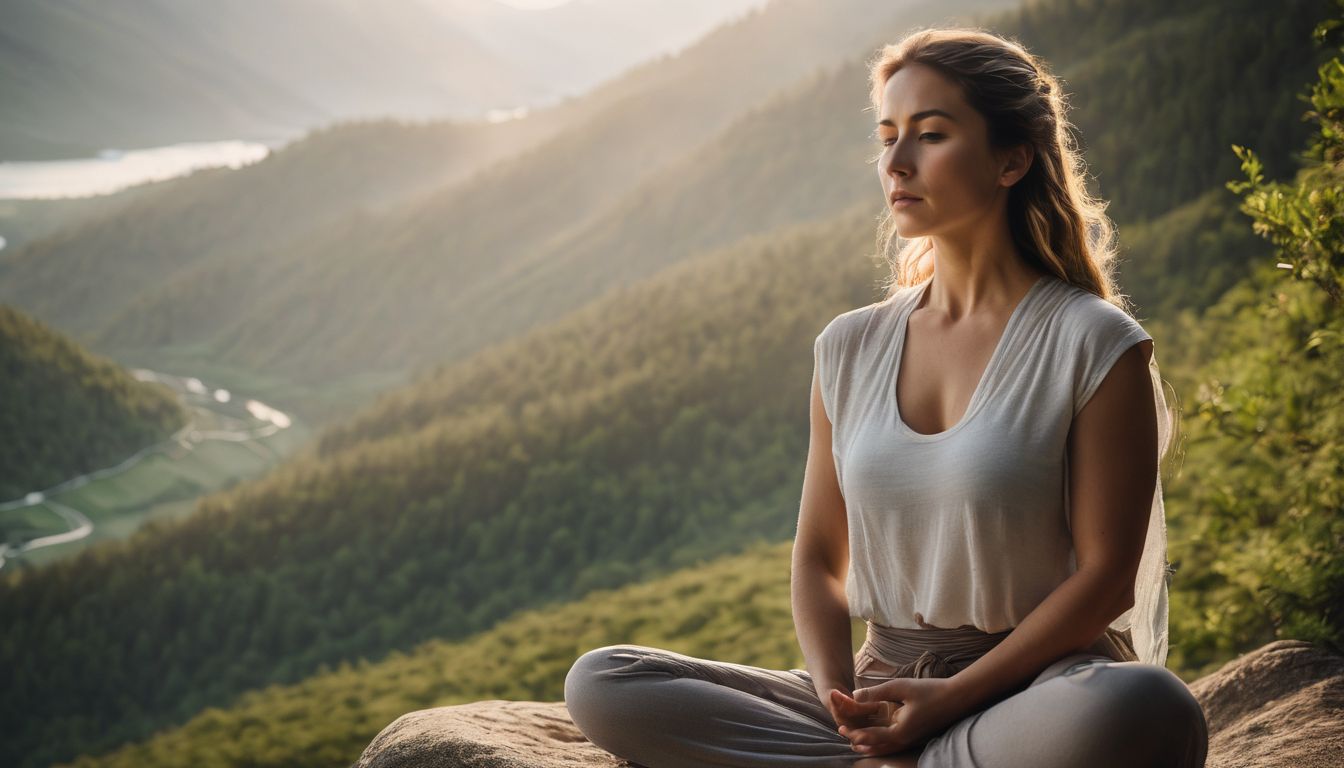 A woman does self hypnosis in a peaceful nature setting, surrounded by greenery