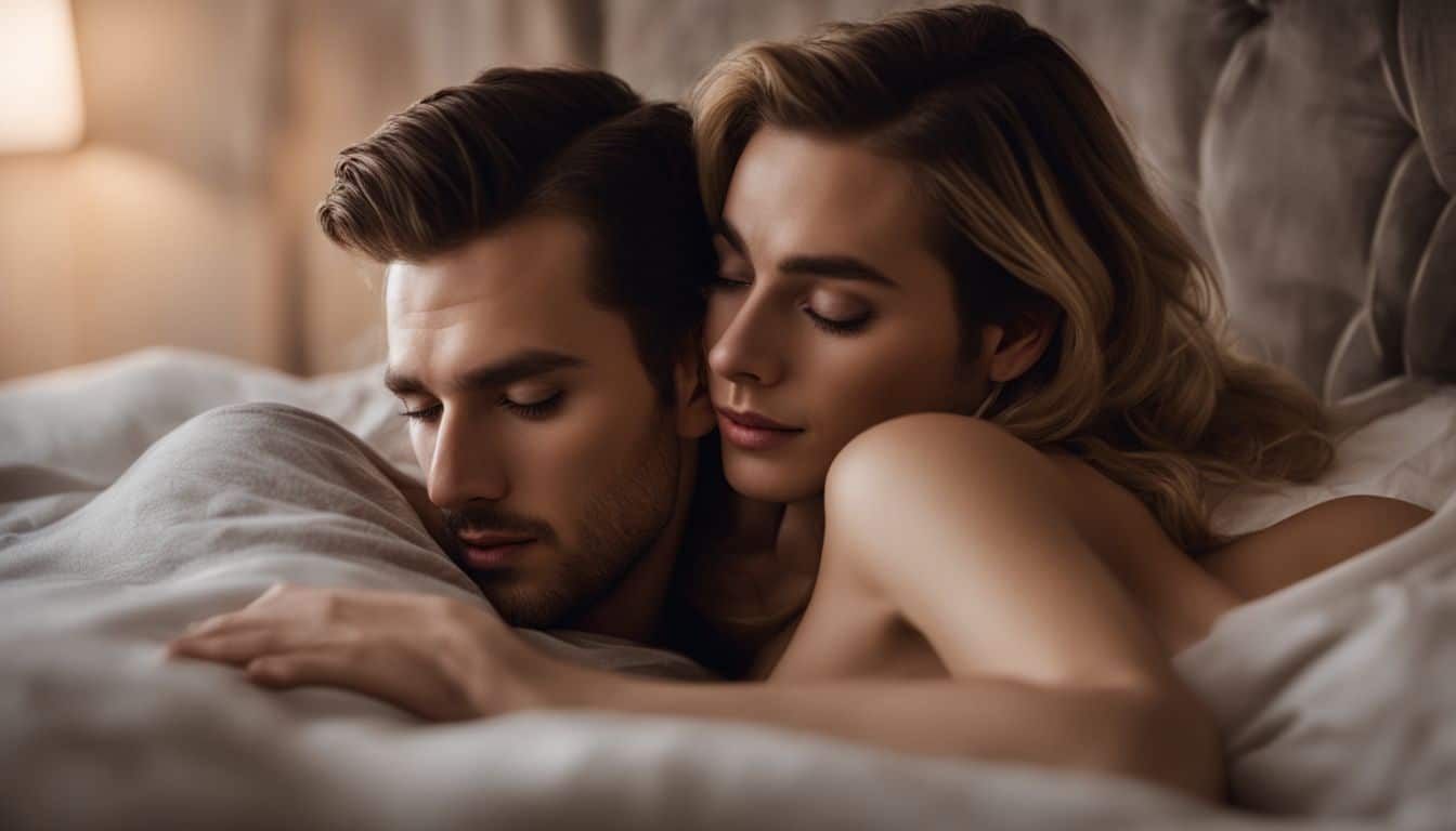 A couple lying on a bed in an intimate, well-lit setting.